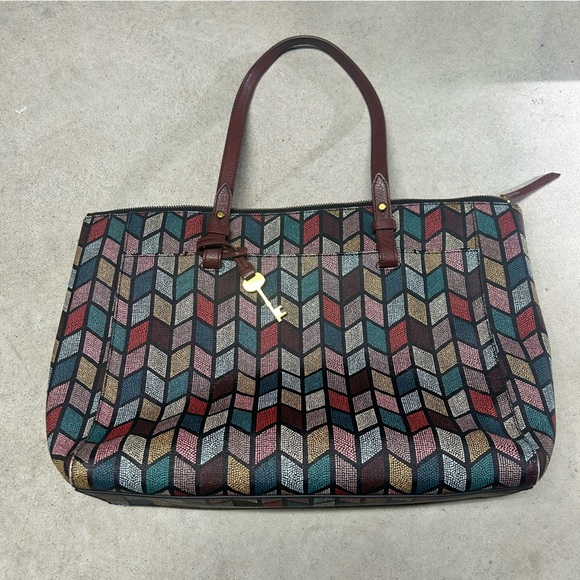 Fossil Women's Rachel Large Tote Bag Multicolor Chevron Zipper Top - Picture 4 of 14
